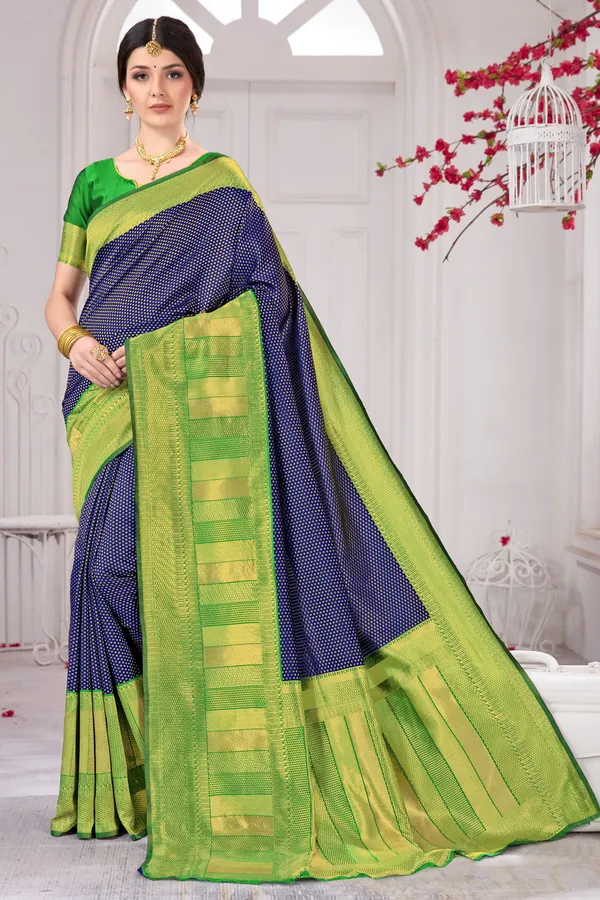 Dark_Blue_Green_Banarasi_Silk_Blend_Jacquard_Woven_Saree_For_Women_|_With_Blouse_Piece