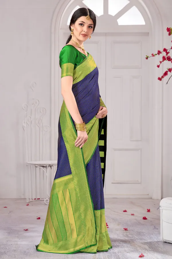 Dark_Blue_Green_Banarasi_Silk_Blend_Jacquard_Woven_Saree_For_Women_|_With_Blouse_Piece