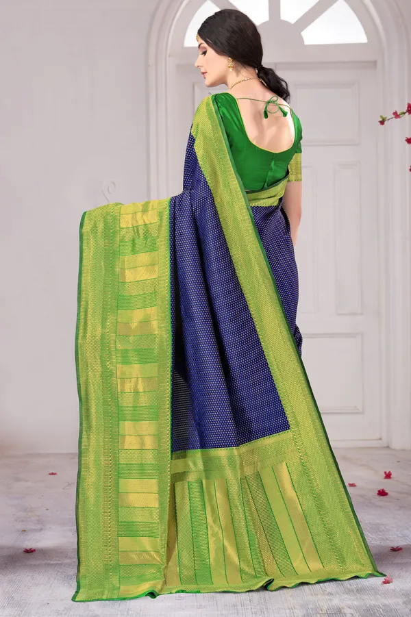 Dark_Blue_Green_Banarasi_Silk_Blend_Jacquard_Woven_Saree_For_Women_|_With_Blouse_Piece