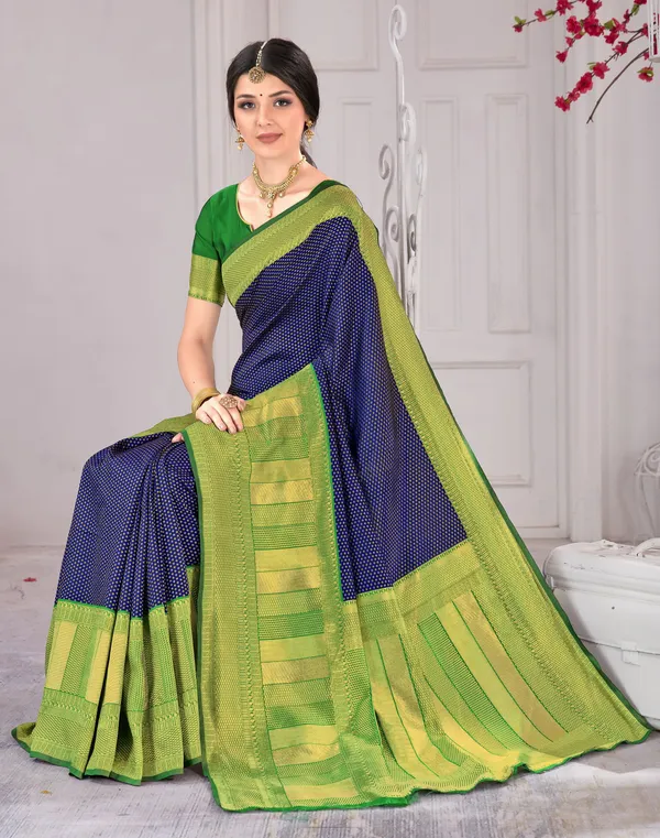 Dark_Blue_Green_Banarasi_Silk_Blend_Jacquard_Woven_Saree_For_Women_|_With_Blouse_Piece