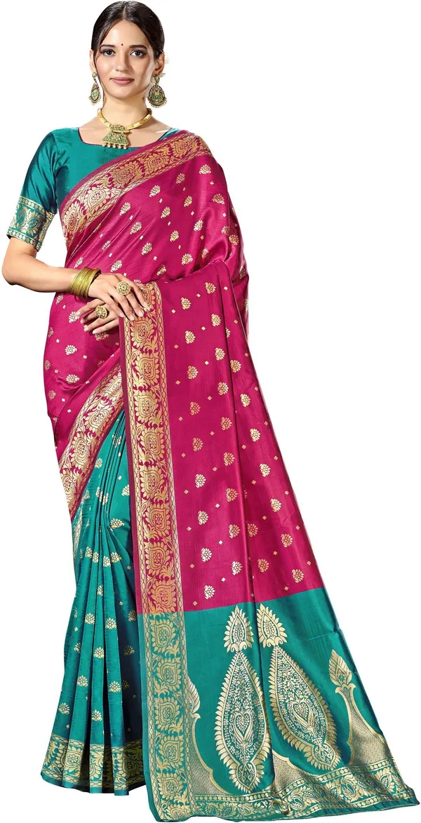 Magenta_Green_Georgette_Woven_Banarasi_Jacquard_Saree_For_Women_|_With_Blouse_Piece