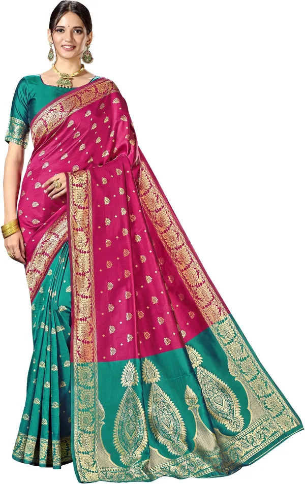 Magenta_Green_Georgette_Woven_Banarasi_Jacquard_Saree_For_Women_|_With_Blouse_Piece