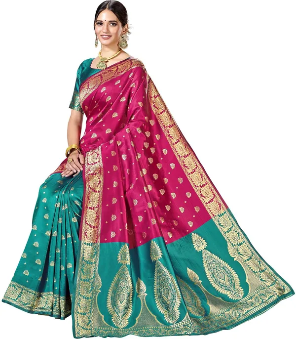 Magenta_Green_Georgette_Woven_Banarasi_Jacquard_Saree_For_Women_|_With_Blouse_Piece