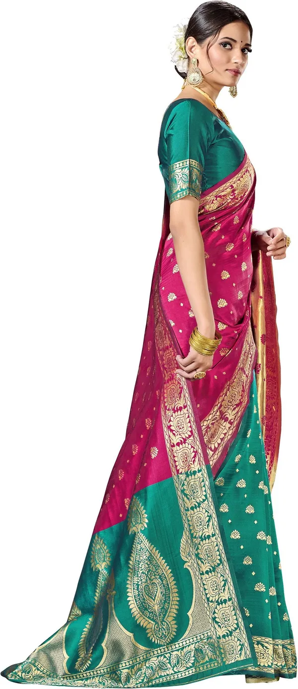 Magenta_Green_Georgette_Woven_Banarasi_Jacquard_Saree_For_Women_|_With_Blouse_Piece