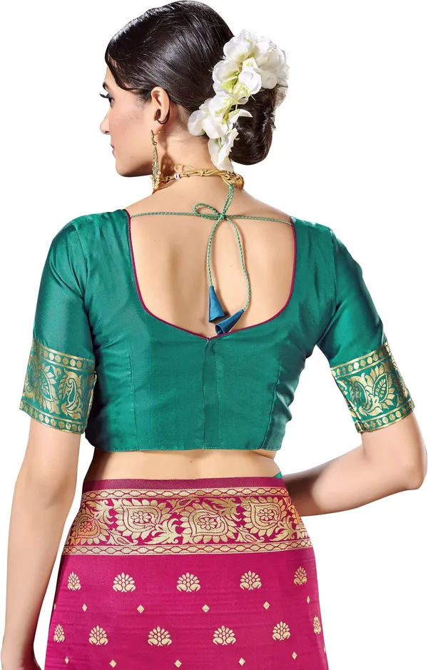 Magenta_Green_Georgette_Woven_Banarasi_Jacquard_Saree_For_Women_|_With_Blouse_Piece