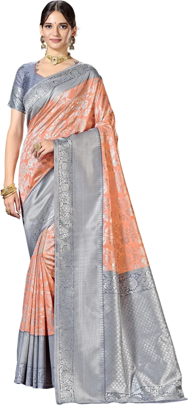 Peach_Grey_Banarasi_Silk_Blend_Jacquard_Woven_Saree_For_Women_|_With_Blouse_Piece