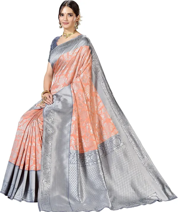 Peach_Grey_Banarasi_Silk_Blend_Jacquard_Woven_Saree_For_Women_|_With_Blouse_Piece