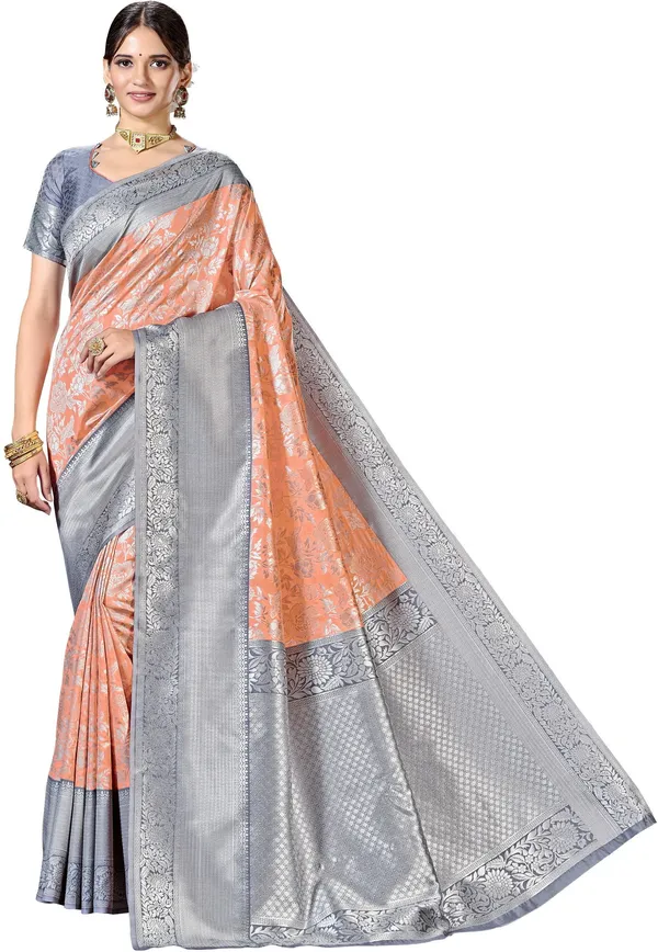 Peach_Grey_Banarasi_Silk_Blend_Jacquard_Woven_Saree_For_Women_|_With_Blouse_Piece