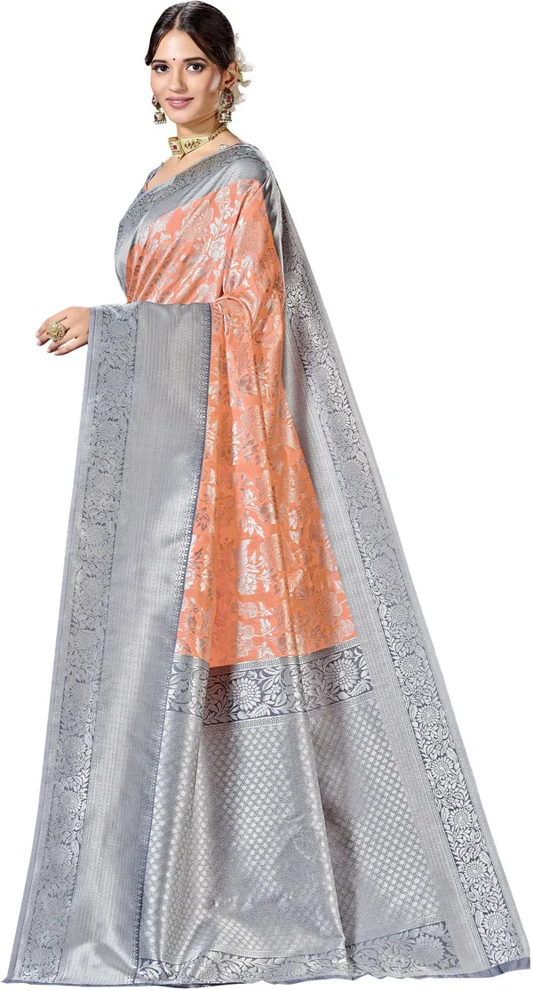 Peach_Grey_Banarasi_Silk_Blend_Jacquard_Woven_Saree_For_Women_|_With_Blouse_Piece