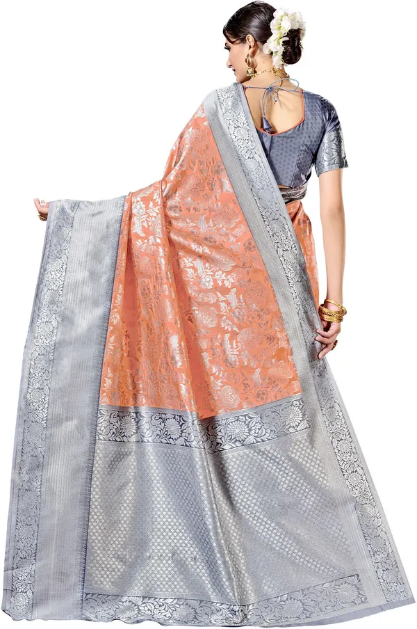 Peach_Grey_Banarasi_Silk_Blend_Jacquard_Woven_Saree_For_Women_|_With_Blouse_Piece