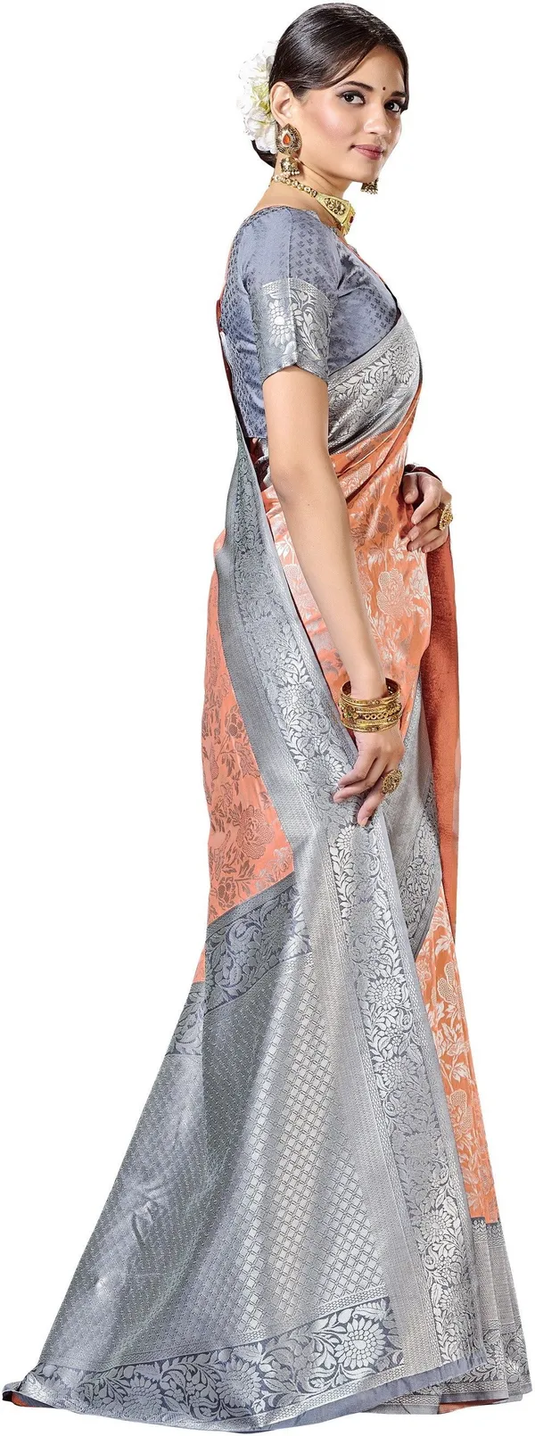 Peach_Grey_Banarasi_Silk_Blend_Jacquard_Woven_Saree_For_Women_|_With_Blouse_Piece
