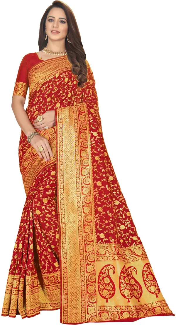 Red_Banarasi_Silk_Blend_Woven_Jacquard_Saree_For_Women_|_With_Blouse_Piece