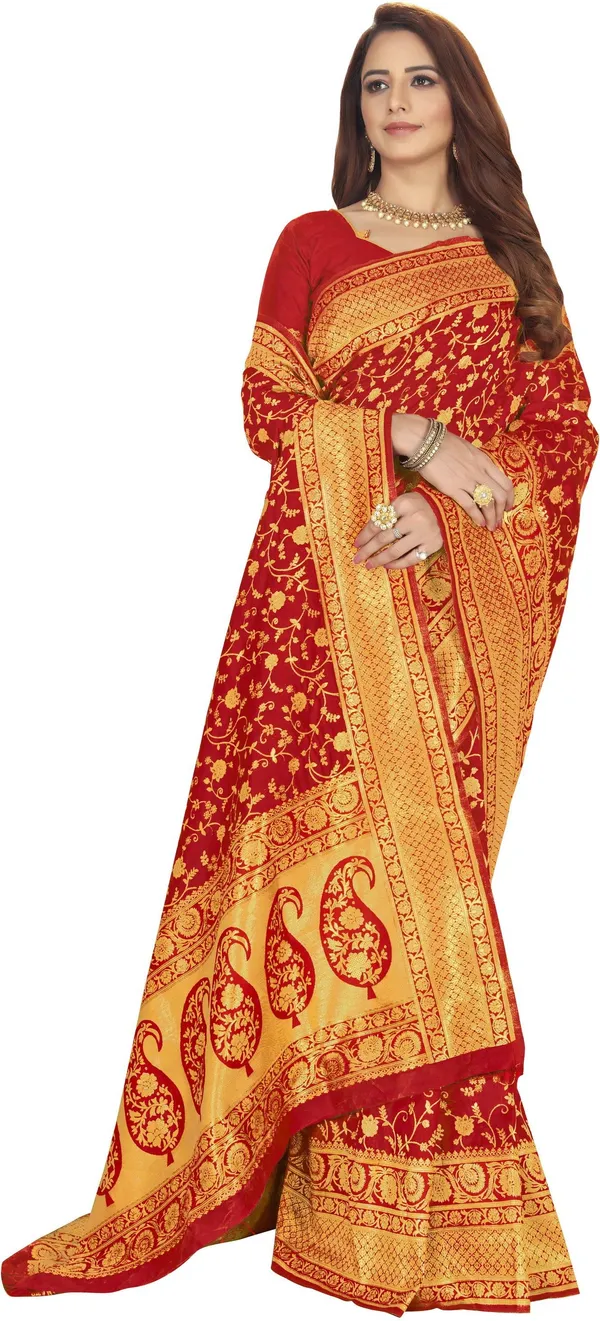 Red_Banarasi_Silk_Blend_Woven_Jacquard_Saree_For_Women_|_With_Blouse_Piece