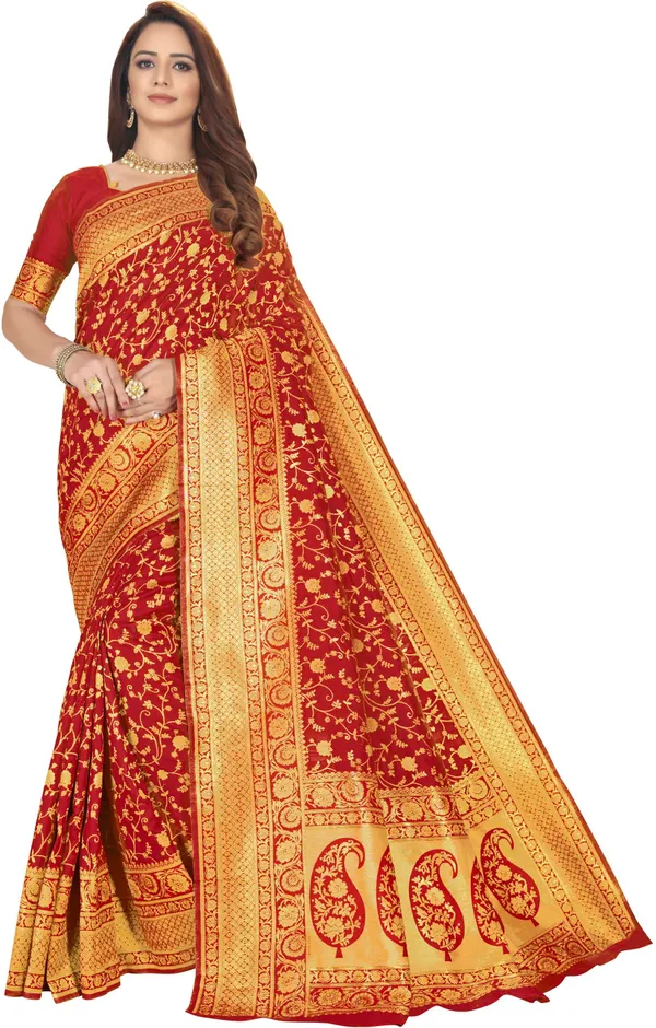 Red_Banarasi_Silk_Blend_Woven_Jacquard_Saree_For_Women_|_With_Blouse_Piece