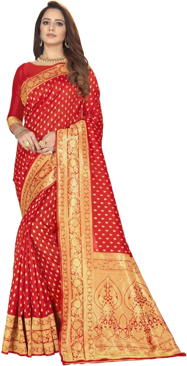 Red_Banarasi_Silk_Blend_Jacquard_Woven_Saree_For_Women_|_With_Blouse_Piece
