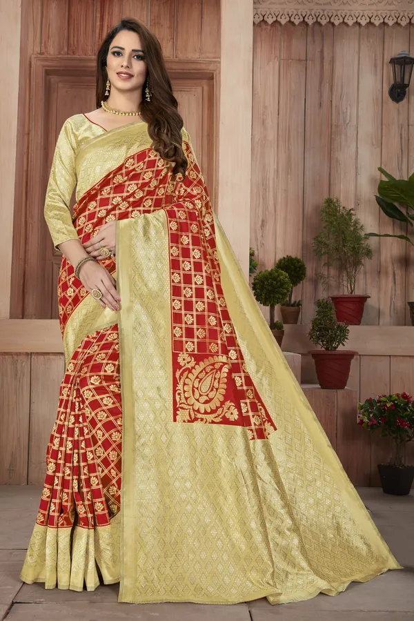 Red_Patola_Silk_Checkered_Jacquard_Woven_Saree_For_Women_|_With_Blouse_Piece