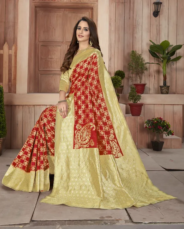Red_Patola_Silk_Checkered_Jacquard_Woven_Saree_For_Women_|_With_Blouse_Piece