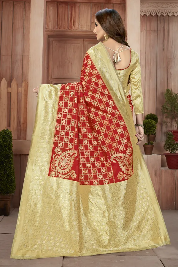 Red_Patola_Silk_Checkered_Jacquard_Woven_Saree_For_Women_|_With_Blouse_Piece