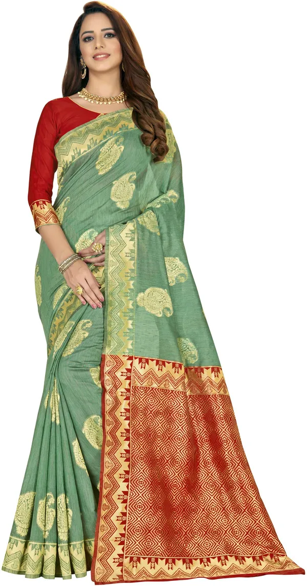 Green_Banarasi_Silk_Blend_Jacquard_Woven_Saree_For_Women_|_With_Blouse_Piece