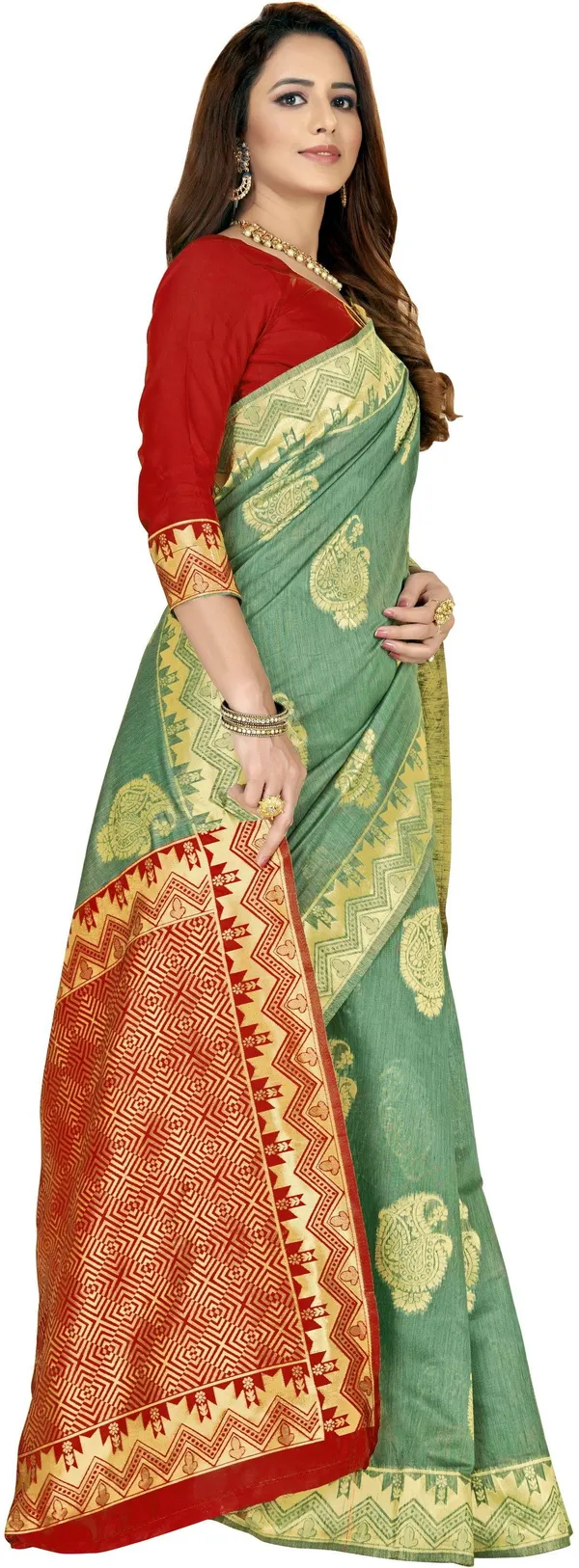 Green_Banarasi_Silk_Blend_Jacquard_Woven_Saree_For_Women_|_With_Blouse_Piece