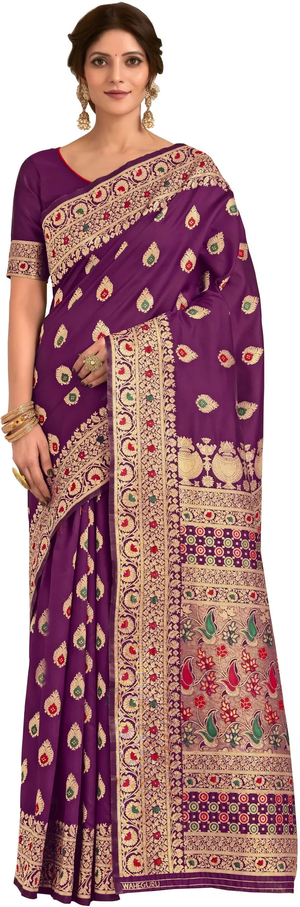 Purple_Banarasi_Silk_Blend_Jacquard_Kalamkari_Meenakari_Saree_For_Women_|_With_Blouse_Piece