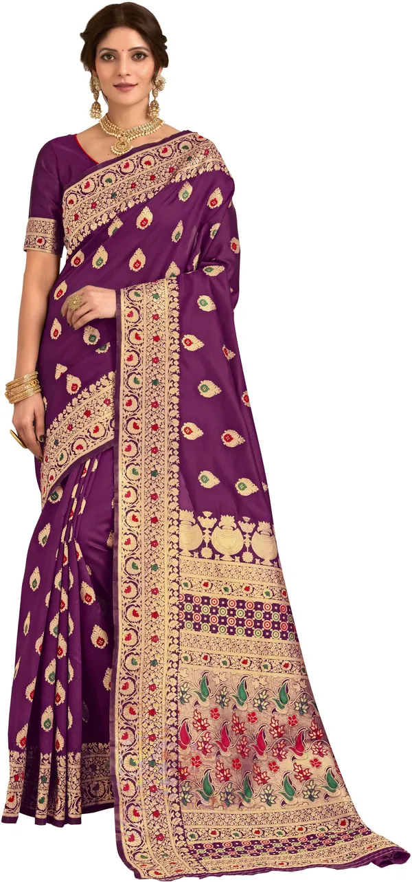 Purple_Banarasi_Silk_Blend_Jacquard_Kalamkari_Meenakari_Saree_For_Women_|_With_Blouse_Piece