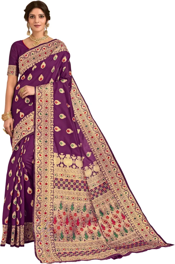 Purple_Banarasi_Silk_Blend_Jacquard_Kalamkari_Meenakari_Saree_For_Women_|_With_Blouse_Piece