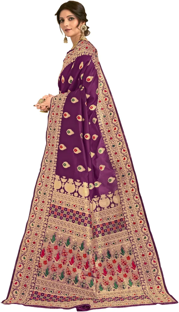 Purple_Banarasi_Silk_Blend_Jacquard_Kalamkari_Meenakari_Saree_For_Women_|_With_Blouse_Piece