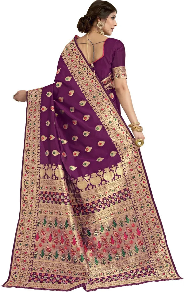 Purple_Banarasi_Silk_Blend_Jacquard_Kalamkari_Meenakari_Saree_For_Women_|_With_Blouse_Piece