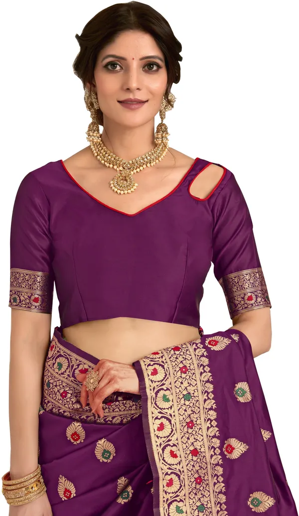 Purple_Banarasi_Silk_Blend_Jacquard_Kalamkari_Meenakari_Saree_For_Women_|_With_Blouse_Piece