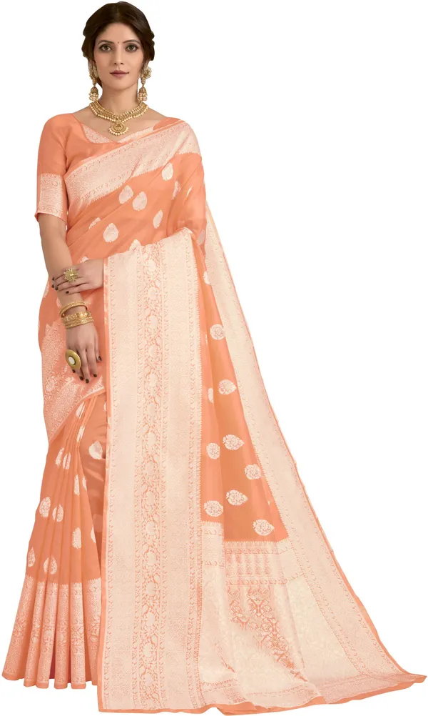 Peach_Banarasi_Silk_Blend_Kalamkari_Jacquard_Woven_Saree_For_Women_|_With_Blouse_Piece