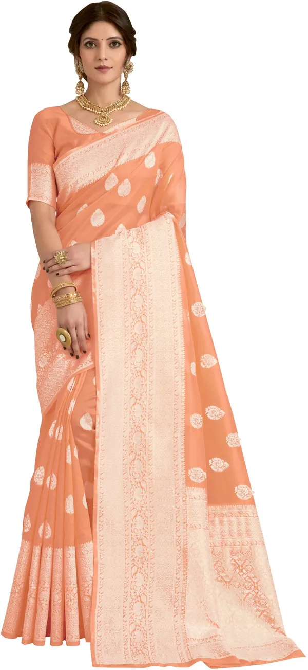 Peach_Banarasi_Silk_Blend_Kalamkari_Jacquard_Woven_Saree_For_Women_|_With_Blouse_Piece