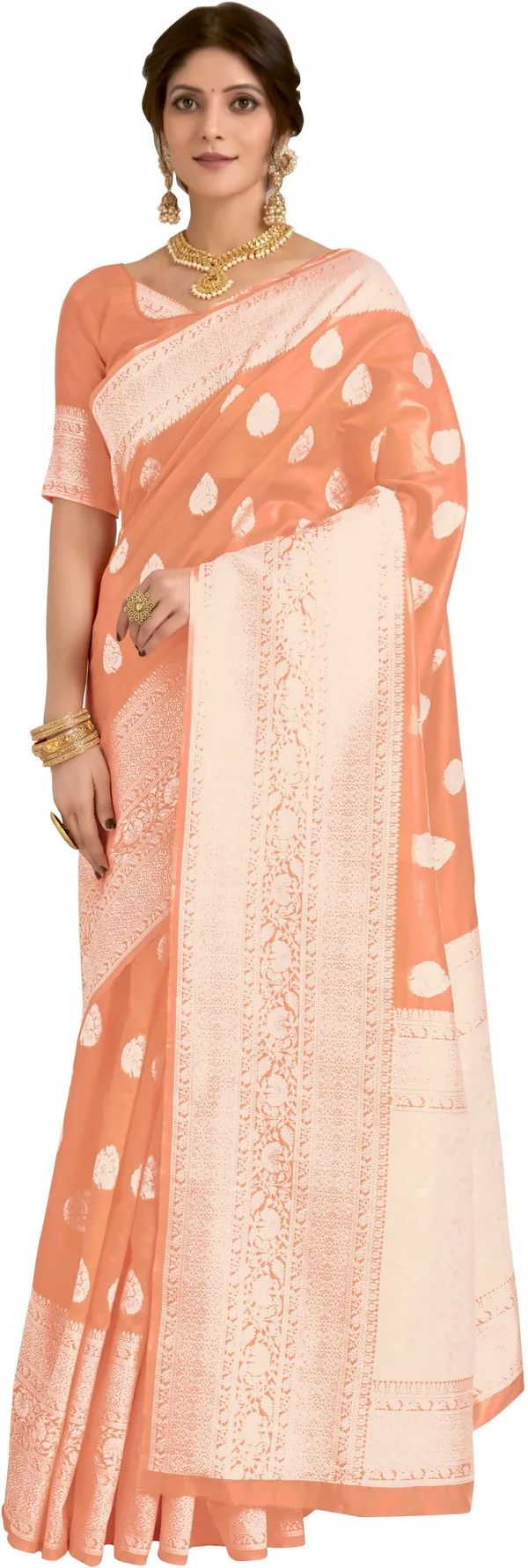 Peach_Banarasi_Silk_Blend_Kalamkari_Jacquard_Woven_Saree_For_Women_|_With_Blouse_Piece