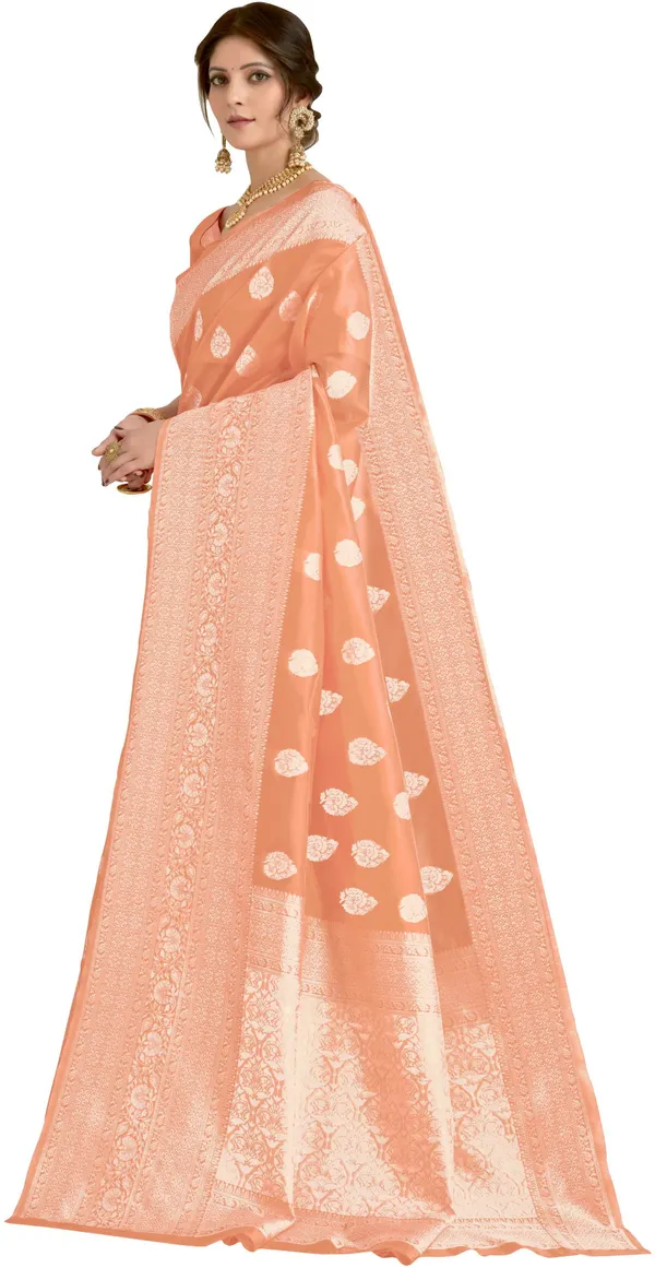 Peach_Banarasi_Silk_Blend_Kalamkari_Jacquard_Woven_Saree_For_Women_|_With_Blouse_Piece