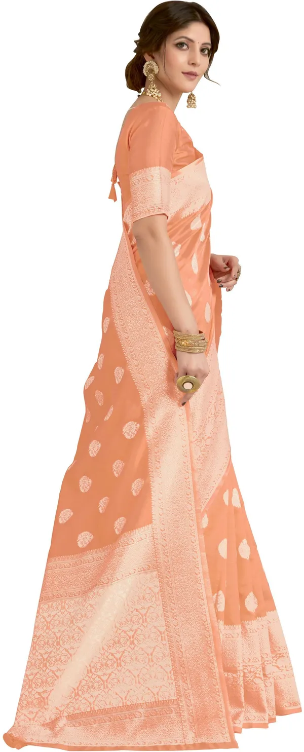 Peach_Banarasi_Silk_Blend_Kalamkari_Jacquard_Woven_Saree_For_Women_|_With_Blouse_Piece