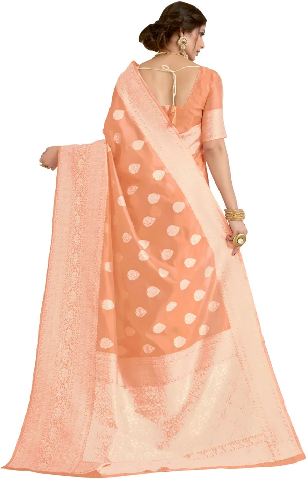Peach_Banarasi_Silk_Blend_Kalamkari_Jacquard_Woven_Saree_For_Women_|_With_Blouse_Piece