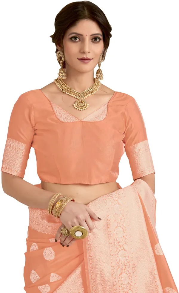 Peach_Banarasi_Silk_Blend_Kalamkari_Jacquard_Woven_Saree_For_Women_|_With_Blouse_Piece
