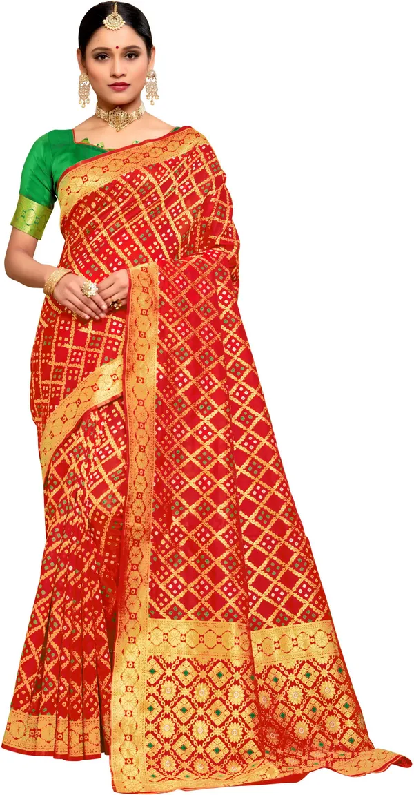 Red_Banarasi_Silk_Blend_Jacquard_Bandhani_Woven_Saree_For_Women_|_With_Blouse_Piece
