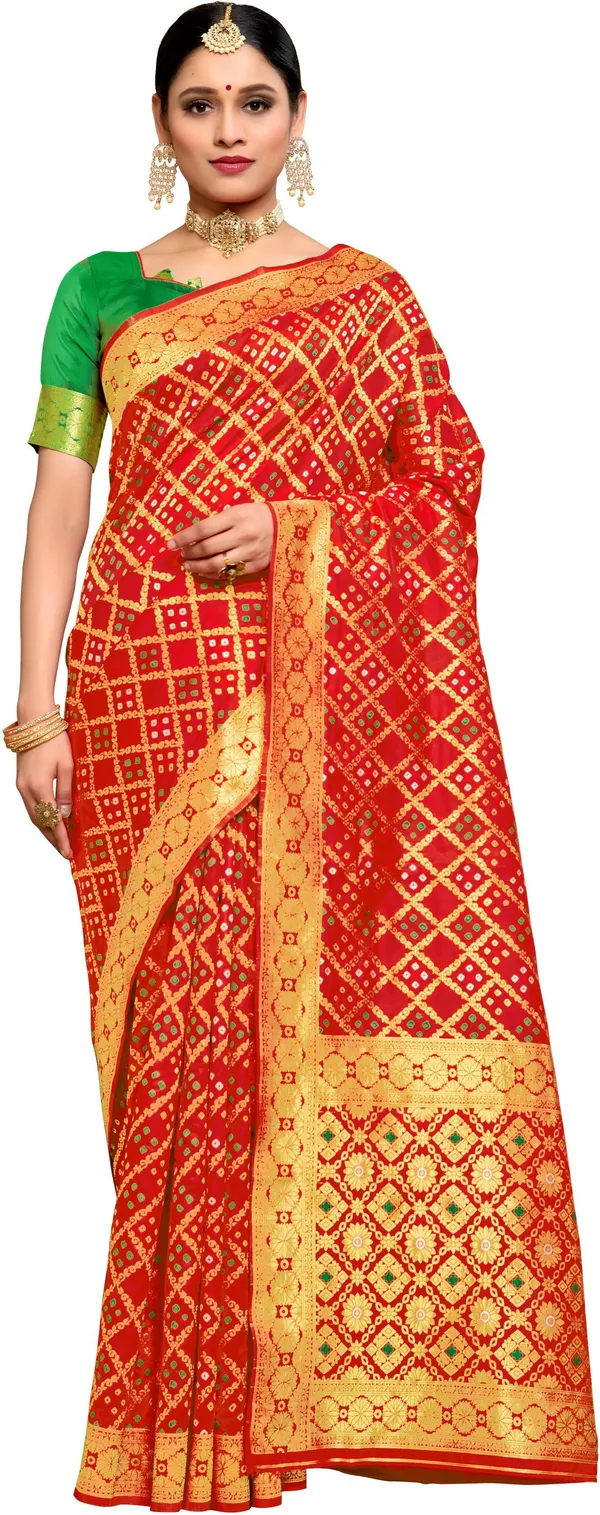 Red_Banarasi_Silk_Blend_Jacquard_Bandhani_Woven_Saree_For_Women_|_With_Blouse_Piece