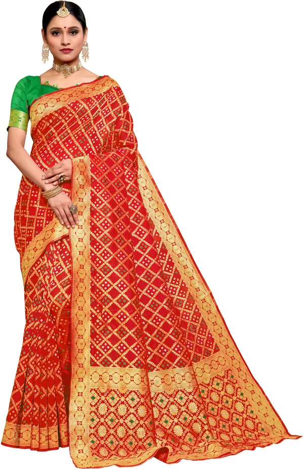 Red_Banarasi_Silk_Blend_Jacquard_Bandhani_Woven_Saree_For_Women_|_With_Blouse_Piece