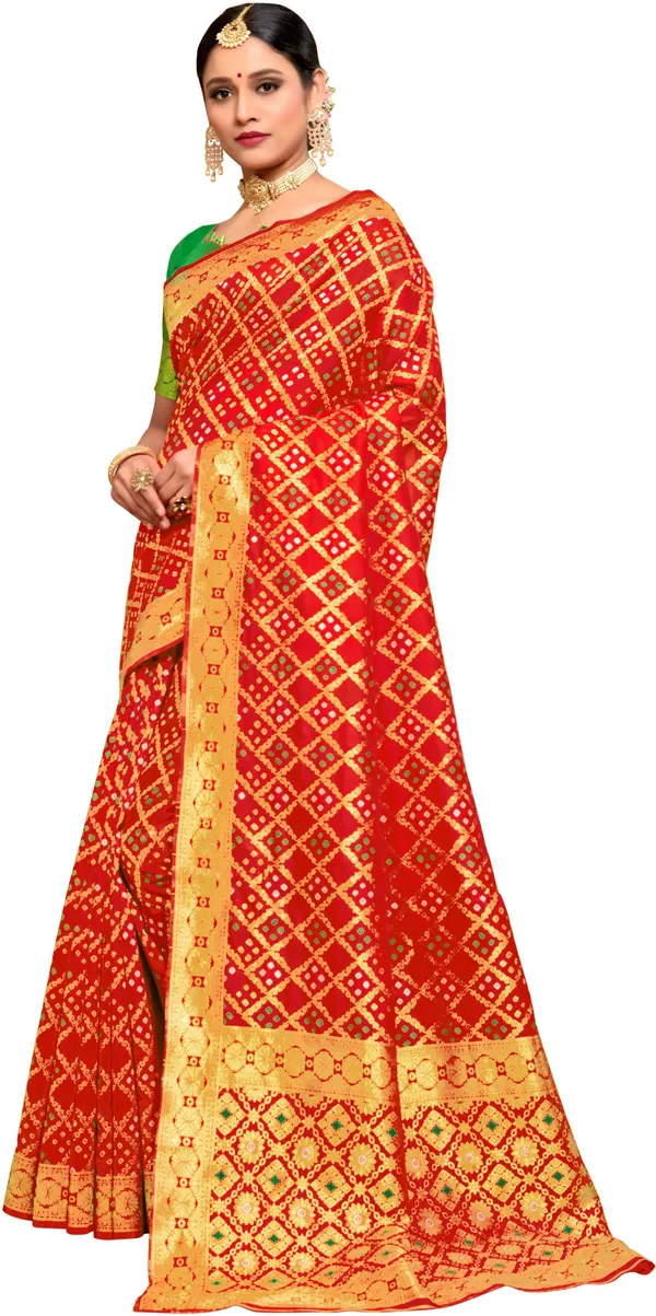 Red_Banarasi_Silk_Blend_Jacquard_Bandhani_Woven_Saree_For_Women_|_With_Blouse_Piece