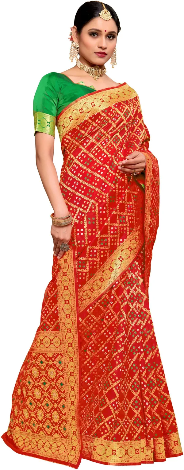 Red_Banarasi_Silk_Blend_Jacquard_Bandhani_Woven_Saree_For_Women_|_With_Blouse_Piece