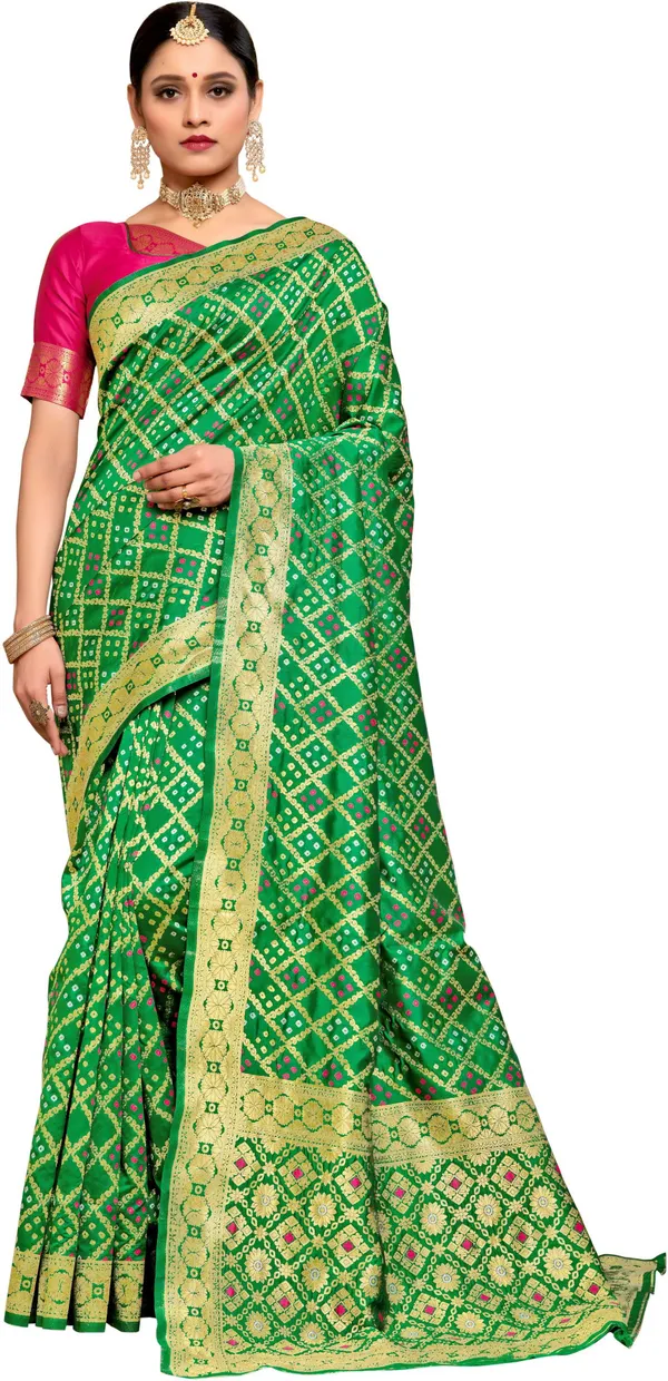Green_Banarasi_Silk_Blend_Woven_Bandhani_Jacquard_Saree_For_Women_|_With_Blouse_Piece