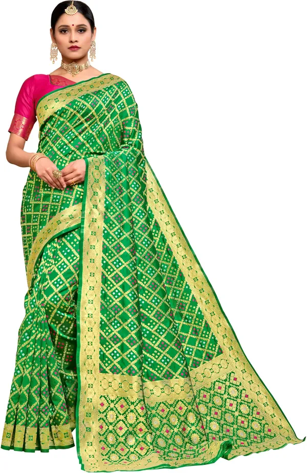 Green_Banarasi_Silk_Blend_Woven_Bandhani_Jacquard_Saree_For_Women_|_With_Blouse_Piece