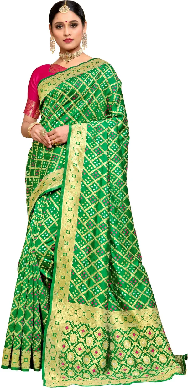 Green_Banarasi_Silk_Blend_Woven_Bandhani_Jacquard_Saree_For_Women_|_With_Blouse_Piece