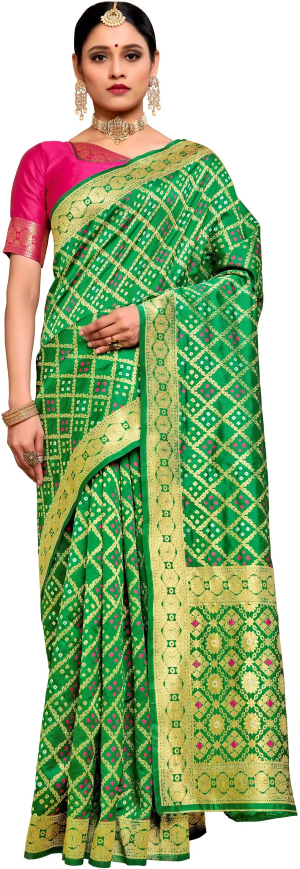 Green_Banarasi_Silk_Blend_Woven_Bandhani_Jacquard_Saree_For_Women_|_With_Blouse_Piece