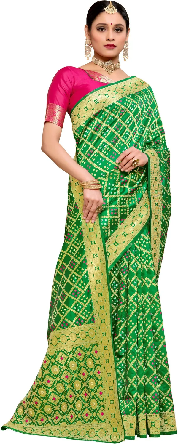Green_Banarasi_Silk_Blend_Woven_Bandhani_Jacquard_Saree_For_Women_|_With_Blouse_Piece