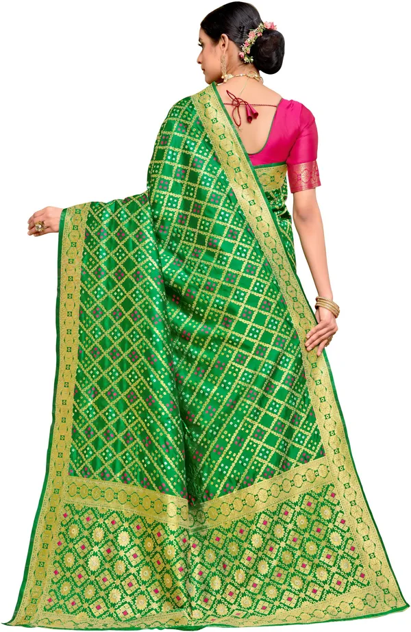 Green_Banarasi_Silk_Blend_Woven_Bandhani_Jacquard_Saree_For_Women_|_With_Blouse_Piece