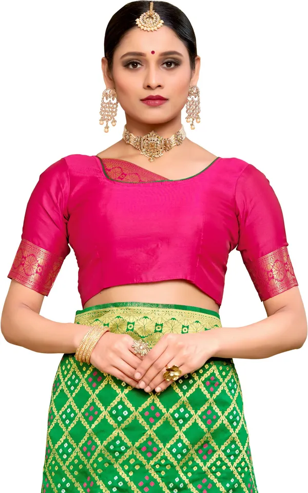 Green_Banarasi_Silk_Blend_Woven_Bandhani_Jacquard_Saree_For_Women_|_With_Blouse_Piece