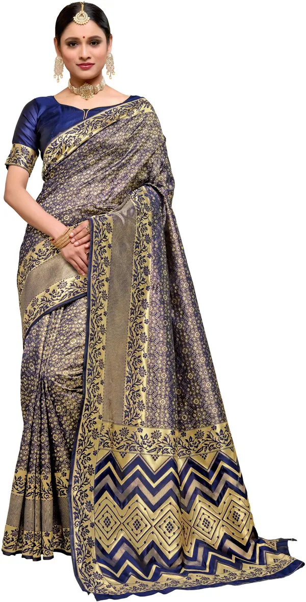 Dark_Blue_Georgette_Woven_Kanjivaram_Jacquard_Saree_For_Women_|_With_Blouse_Piece